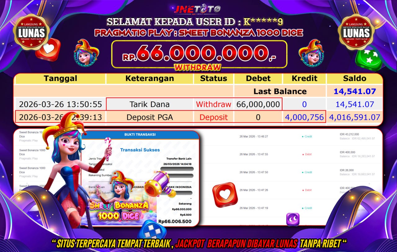 Bukti Jackpot JNETOTO di PRAGMATIC PLAY : Sweet Bonanza 1000 Dice Rp,66.000.000 LUNAS!