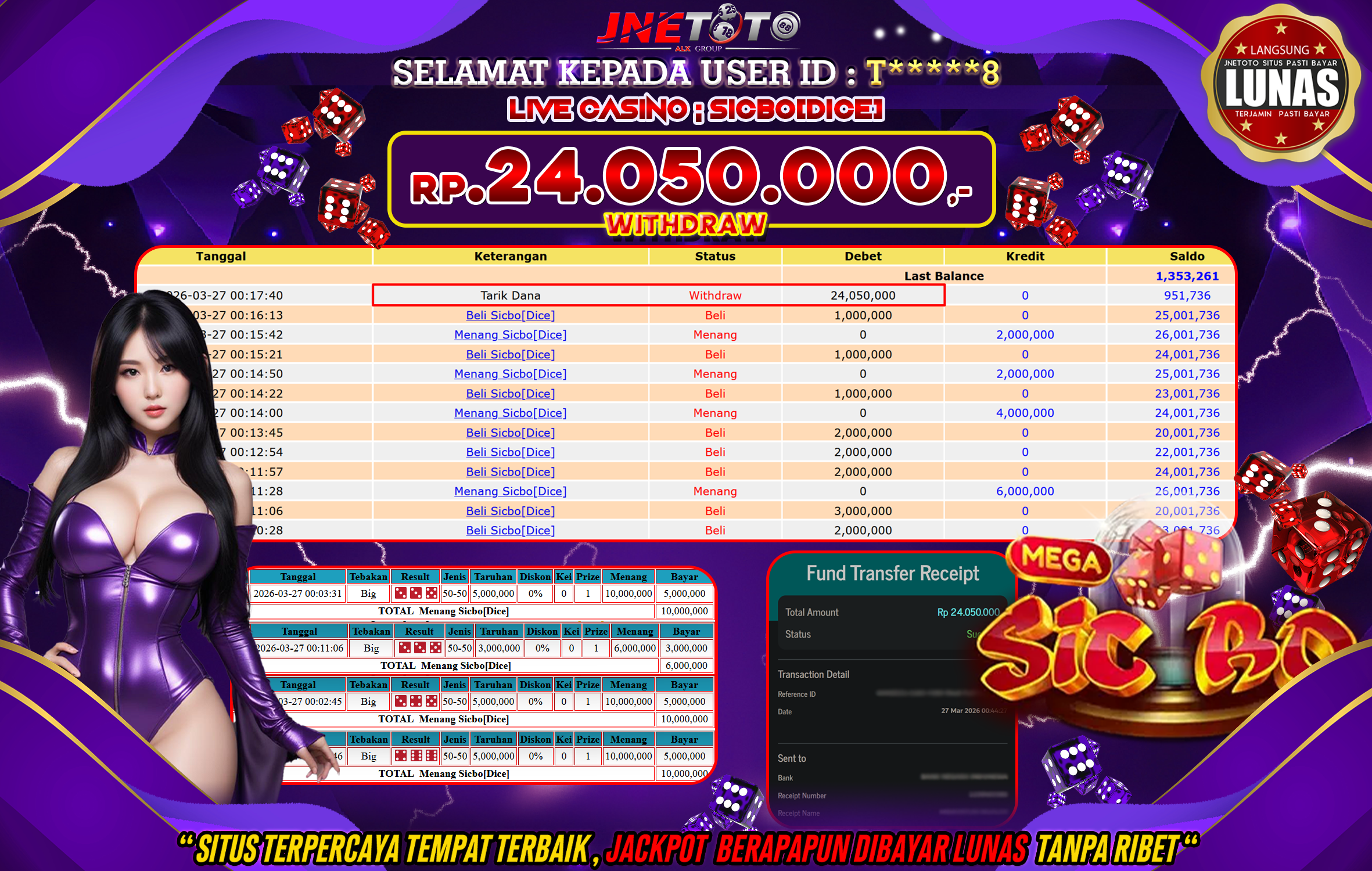 Bukti Jackpot JNETOTO di LIVE CASINO : SICBO(DICE) Rp,24.050.000 LUNAS!