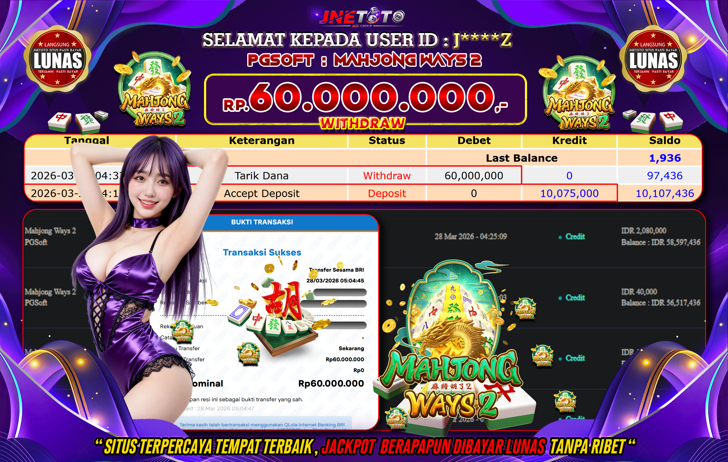 Bukti Jackpot JNETOTO di PGSOFT : Mahjong Ways 2 Rp,60.000.000 LUNAS!