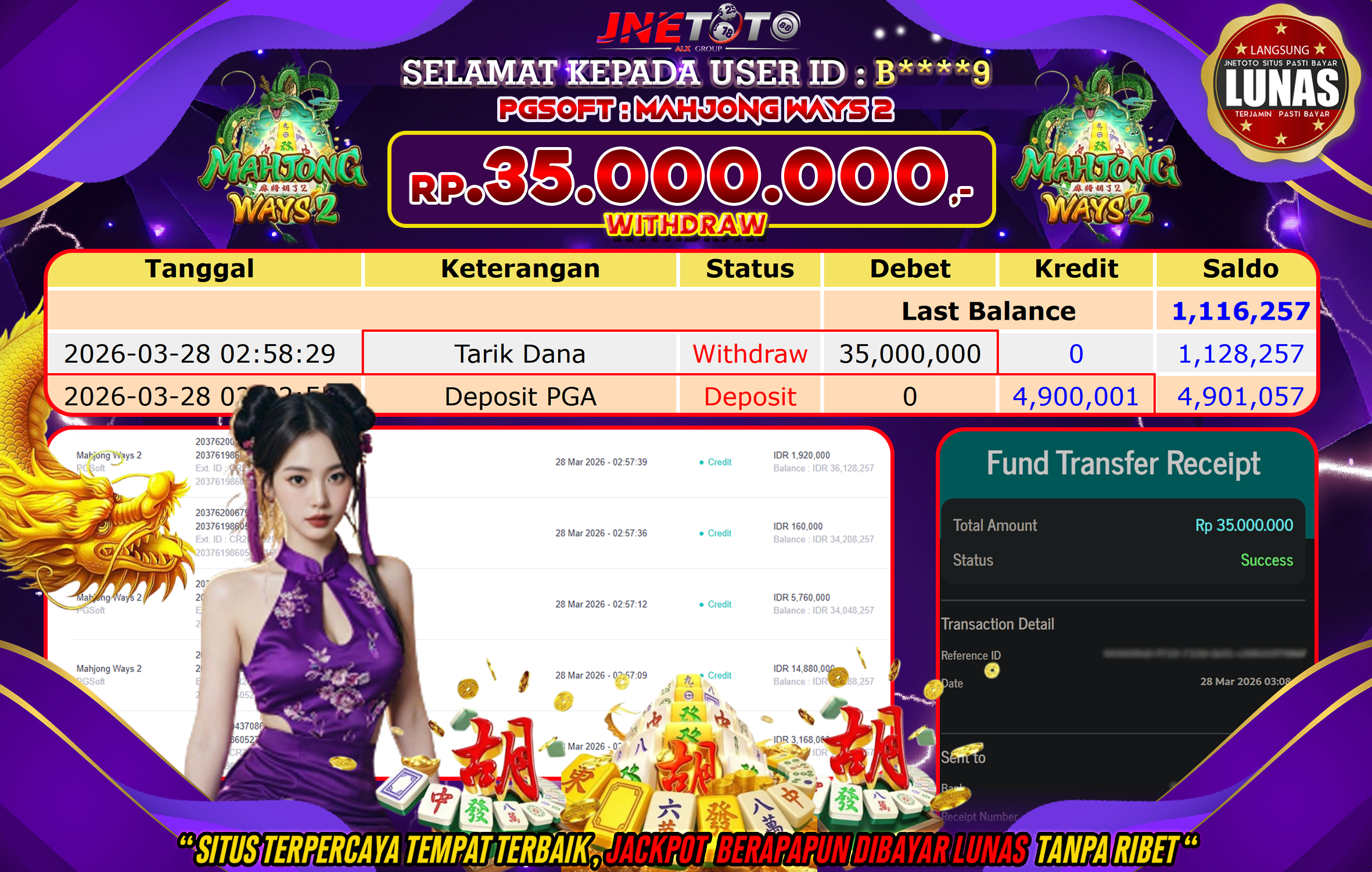 Bukti Jackpot JNETOTO di PGSOFT : Mahjong Ways 2 Rp,35.000.000 LUNAS!
