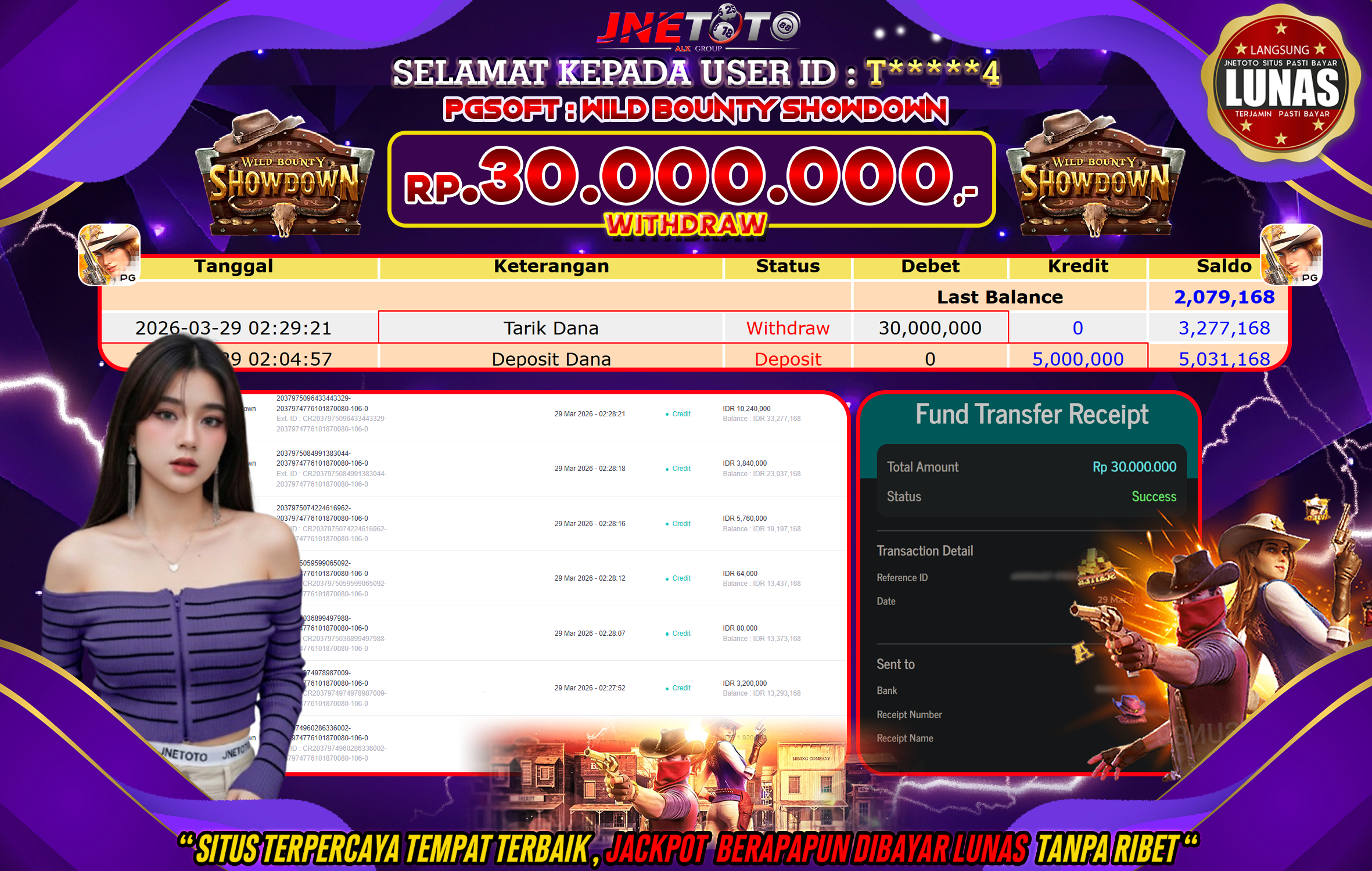 Bukti Jackpot JNETOTO di PGSOFT : Wild Bounty Showdown Rp,30.000.000 LUNAS!