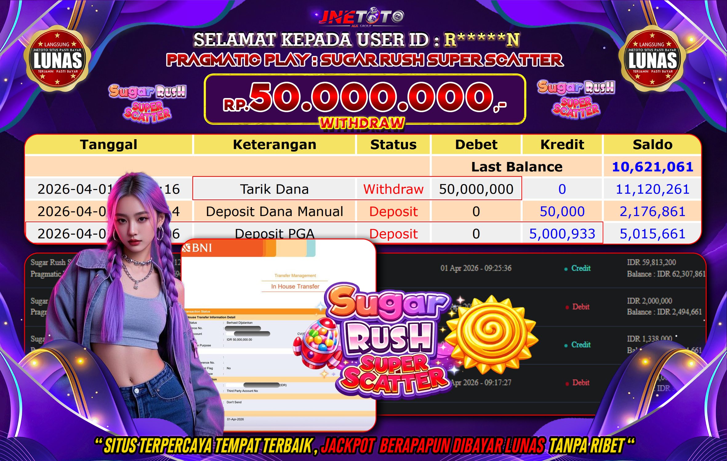 Bukti Jackpot JNETOTO di PRAGMATIC PLAY : Sugar Rush Super Scatter Rp,50.000.000 LUNAS!