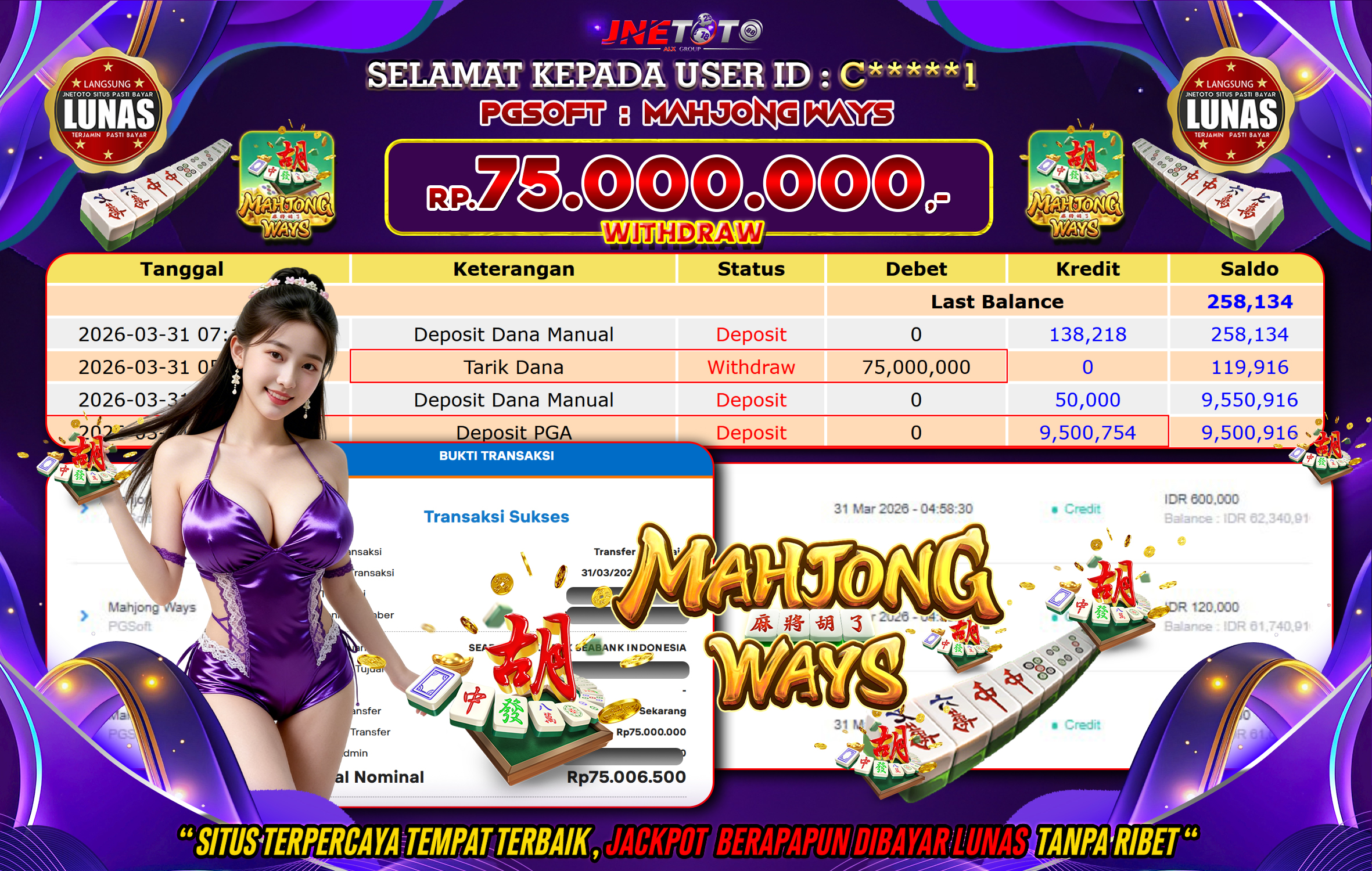 Bukti Jackpot JNETOTO di PGSOFT : Mahjong Ways Rp,75.000.000 LUNAS!