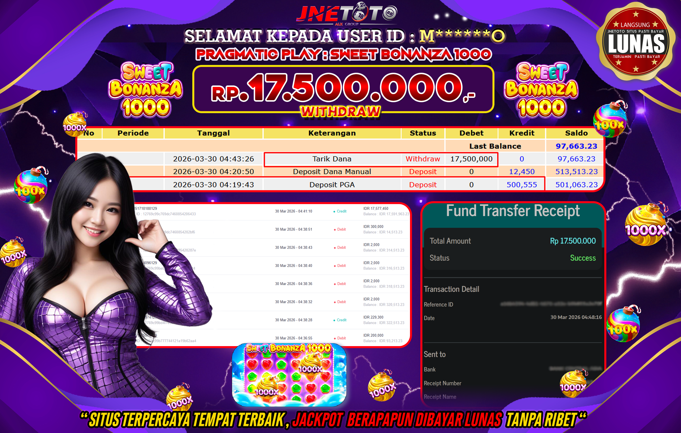 Bukti Jackpot JNETOTO di PRAGMATIC PLAY : Sweet Bonanza 1000 Rp,17.500.000 LUNAS!