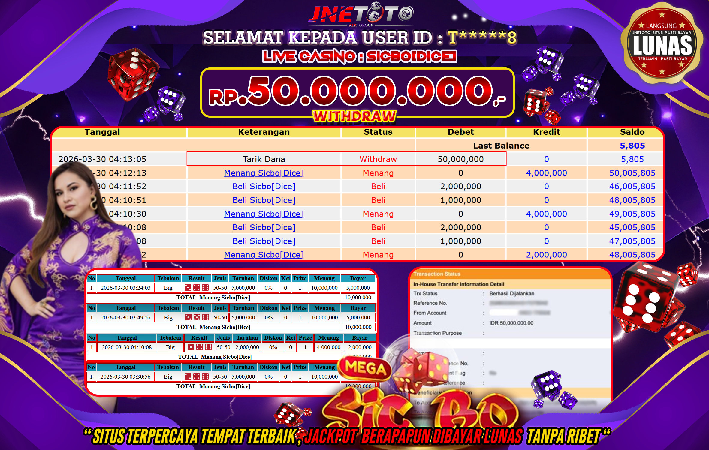 Bukti Jackpot JNETOTO di LIVE CASINO : Sicbo(Dice) 4D Rp,50.000.000 LUNAS!