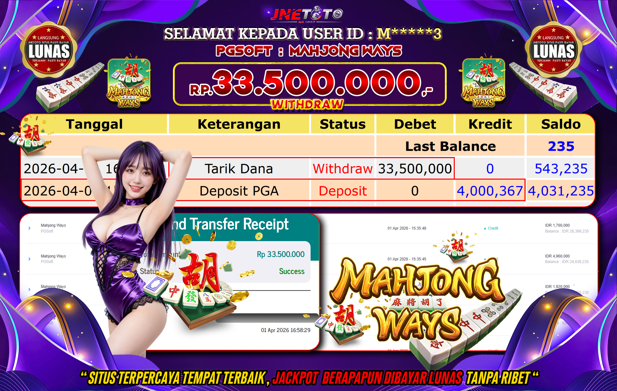 Bukti Jackpot JNETOTO di PGSOFT : Mahjong Ways Rp,33.500.000 LUNAS!