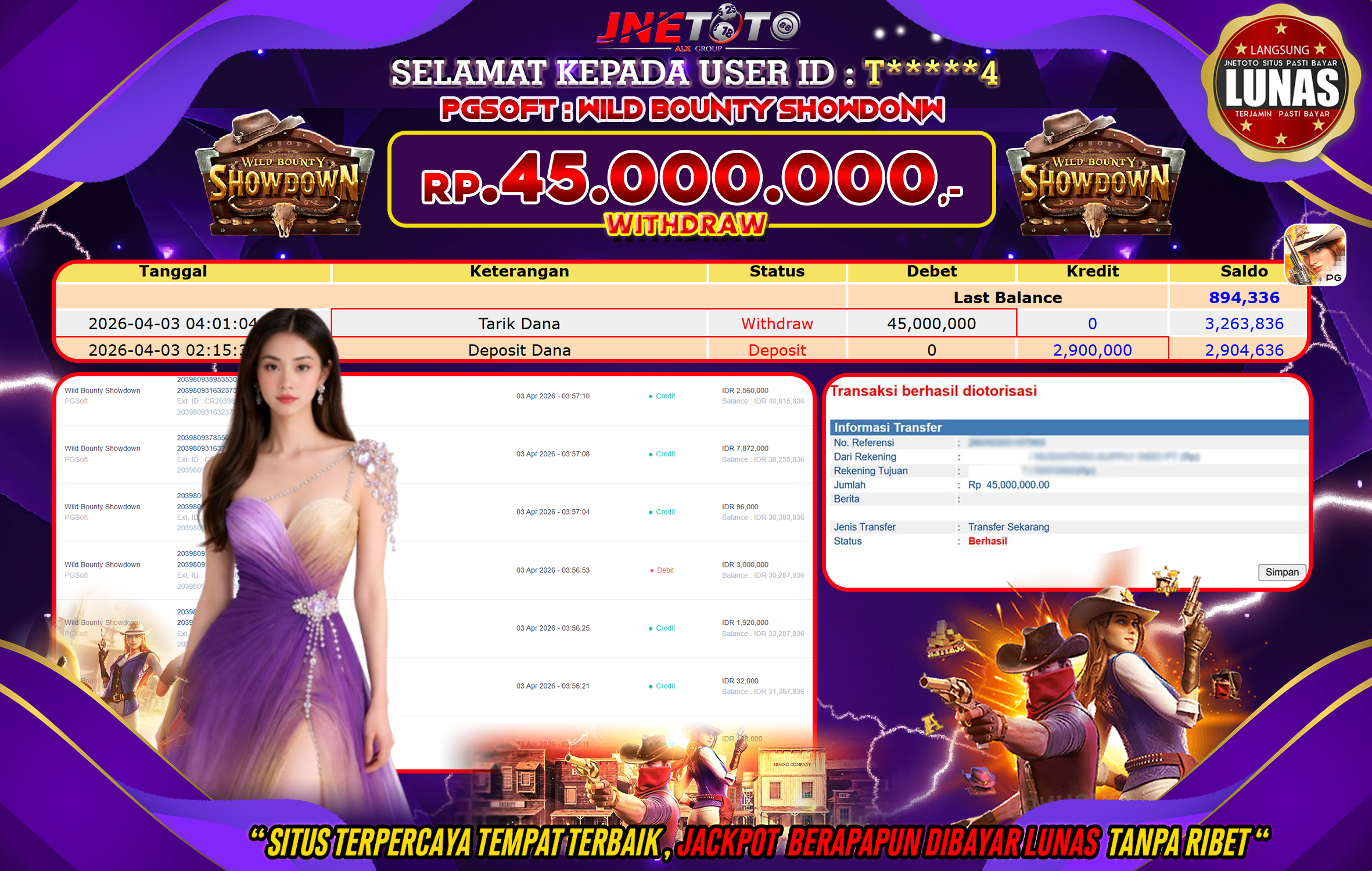 Bukti Jackpot JNETOTO di PGSOFT : Wild Bounty Showdown Rp,45.000.000 LUNAS!