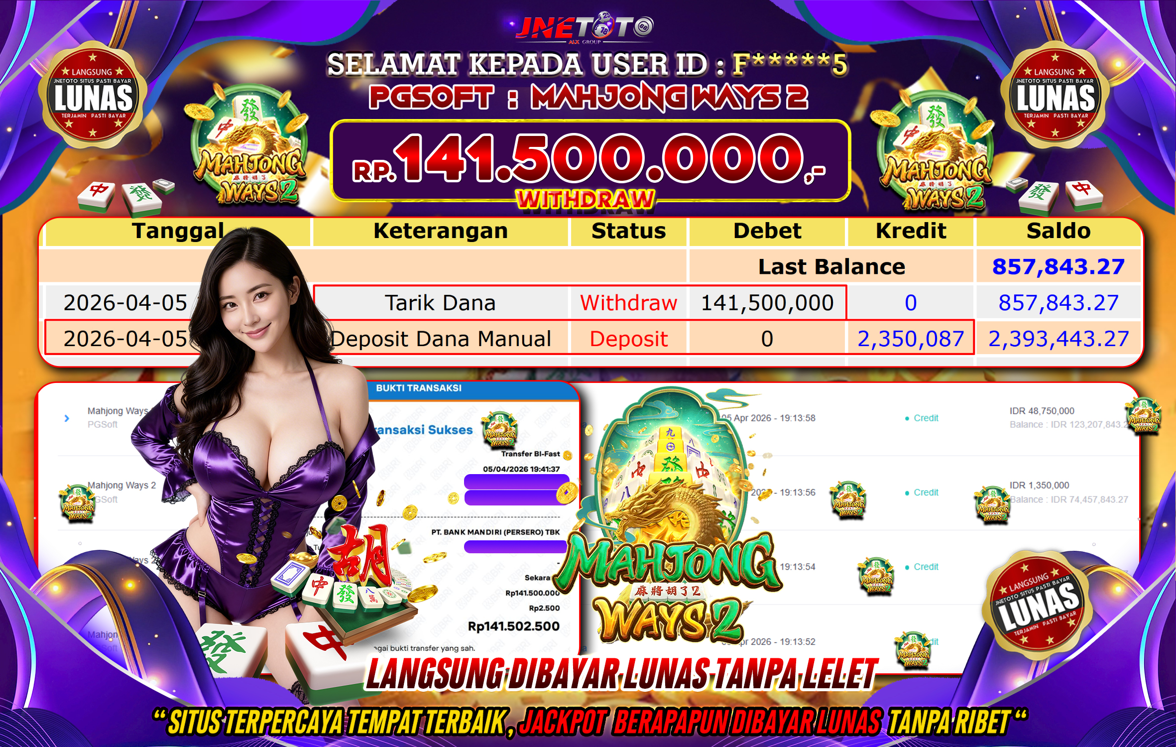 Bukti Jackpot JNETOTO di PGSOFT : Mahjong Ways 2 Rp,141.500.000 LUNAS!