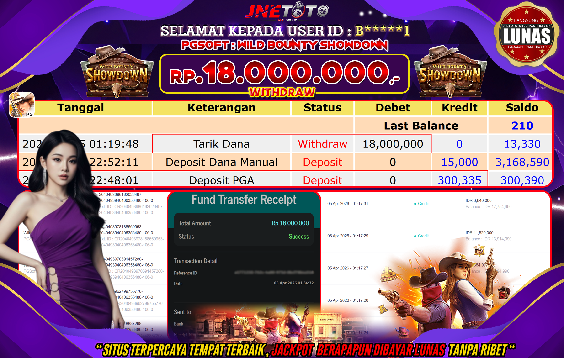 Bukti Jackpot JNETOTO di PGSOFT : Wild Bounty Showdown Rp,18.000.000 LUNAS!