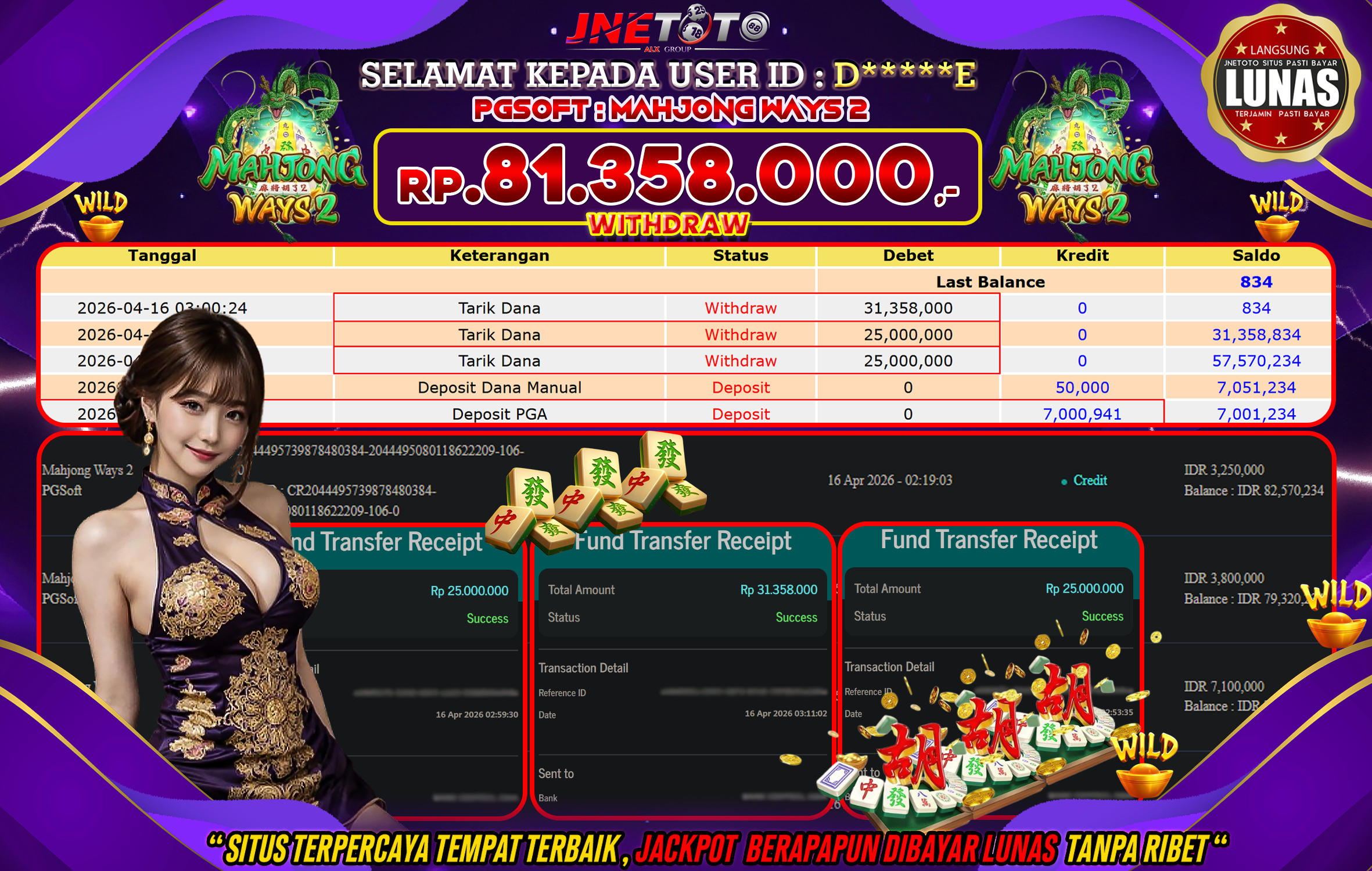 Bukti Jackpot JNETOTO di PGSOFT : Mahjong Ways 2 Rp,81.358.000 LUNAS!