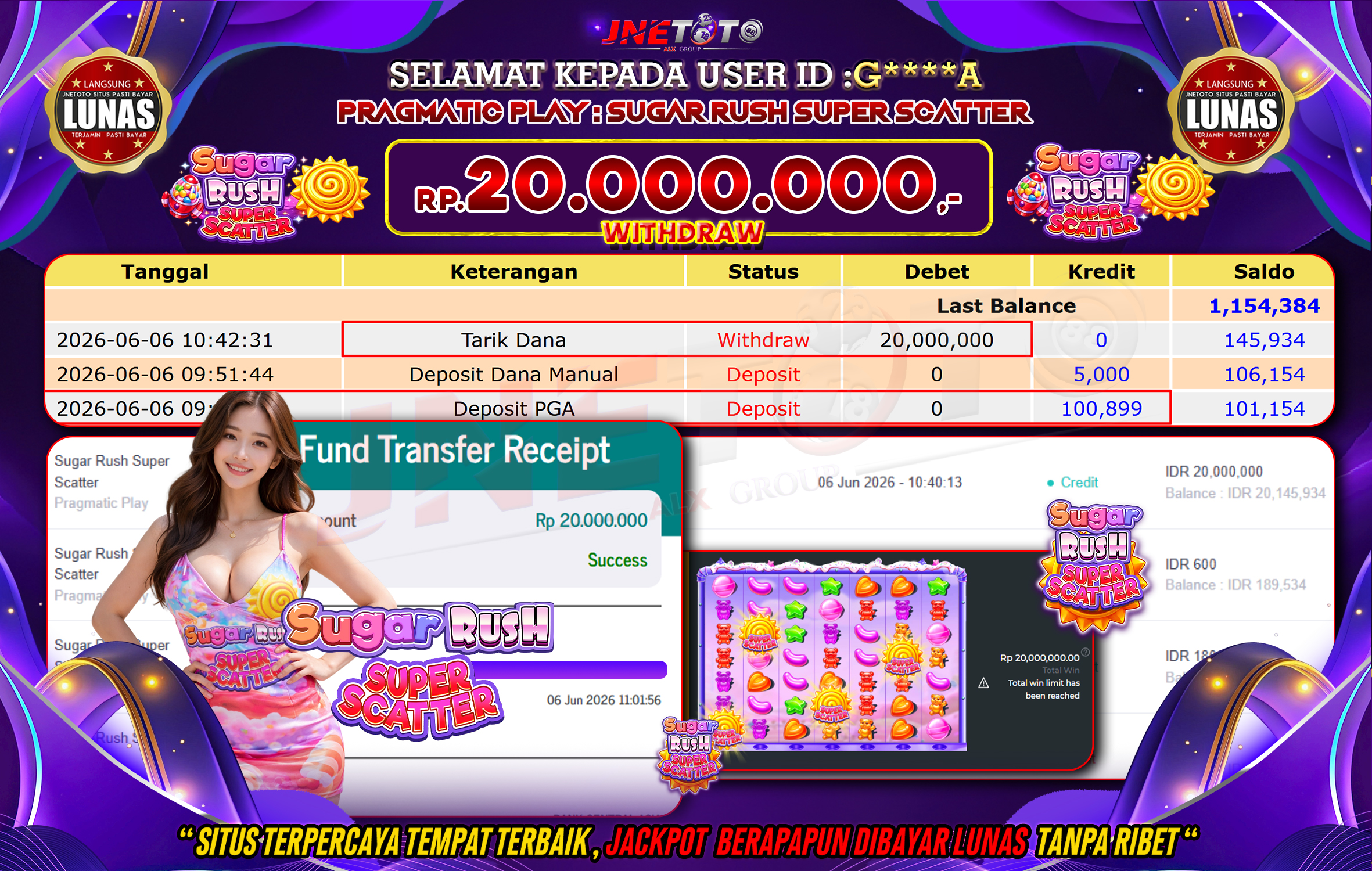 Bukti Jackpot JNETOTO di PRAGMATIC PLAY : Sugar Rush Super Scatter Rp,20.000.000 LUNAS!