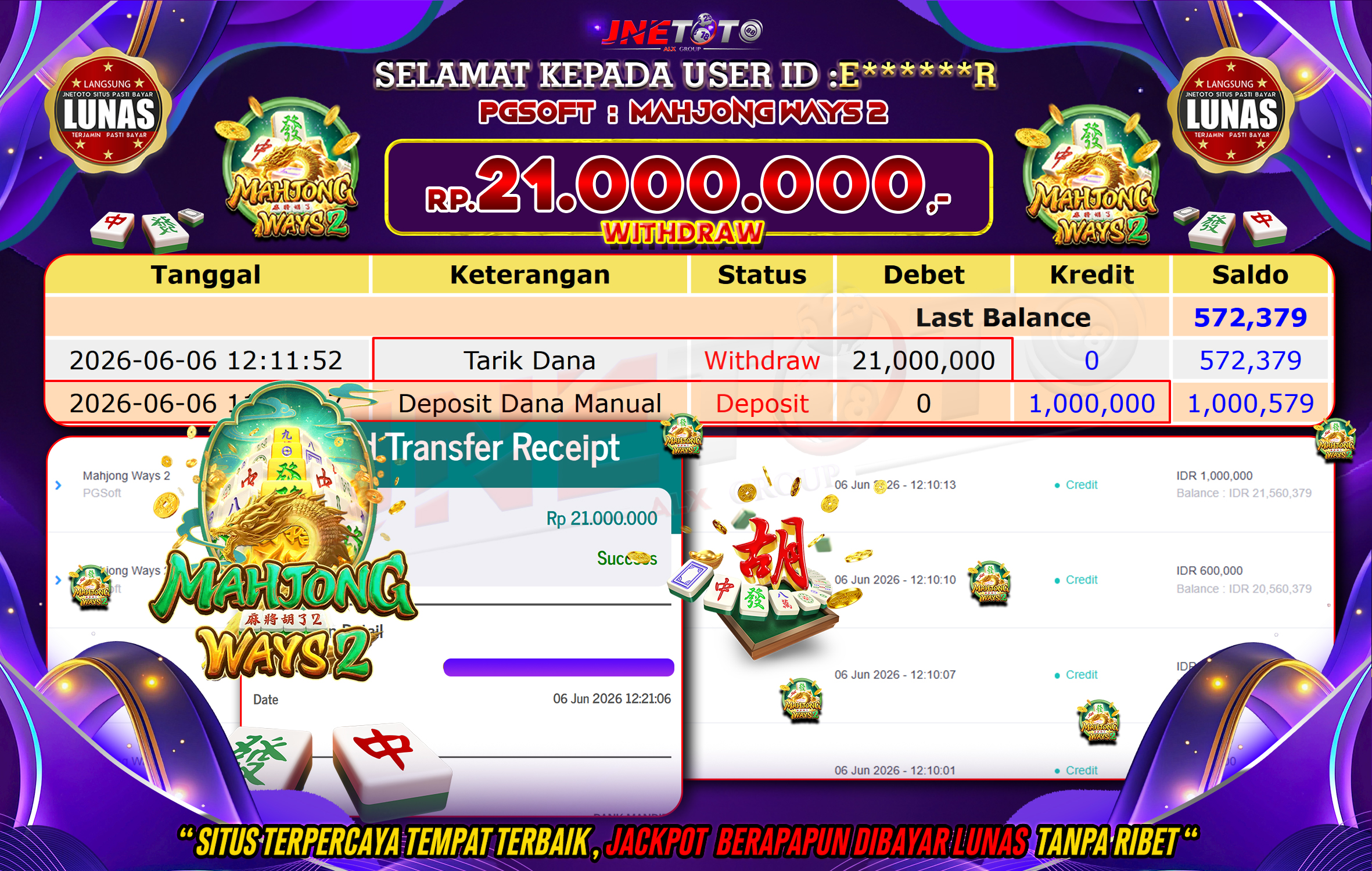 Bukti Jackpot JNETOTO di PGSOFT : Mahjong Ways 2 Rp,21.000.000 LUNAS!
