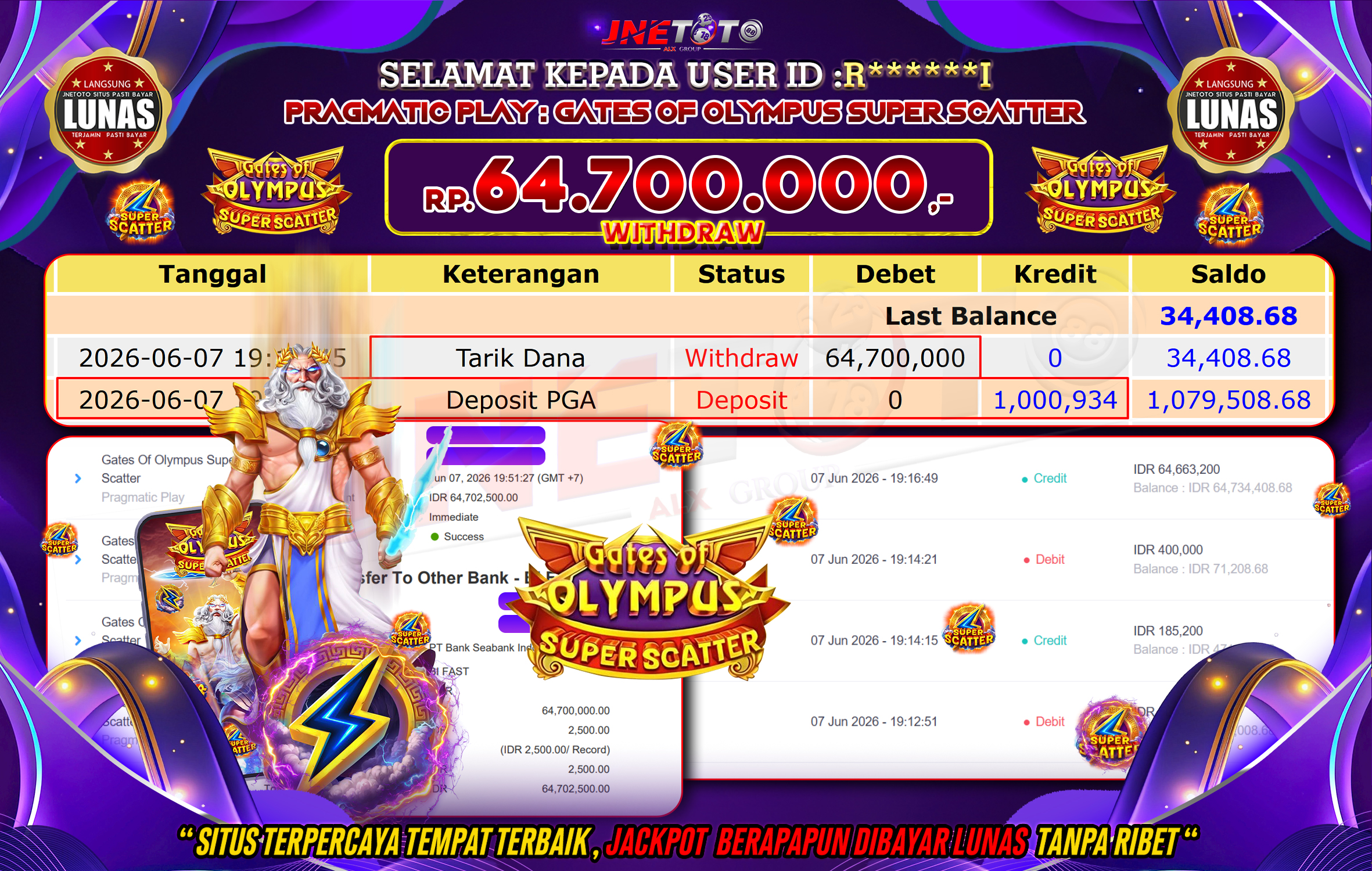 Bukti Jackpot JNETOTO di PRAGMATIC PLAY : Gates of Olympus Super Scatter Rp,64.700.000 LUNAS!