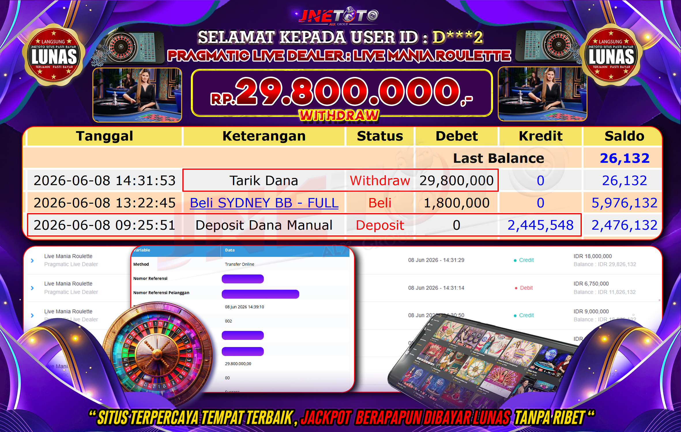 Bukti Jackpot JNETOTO di PRAGMATIC LIVE DEALER : Live Mania Roulette Rp,29.800.000 LUNAS!