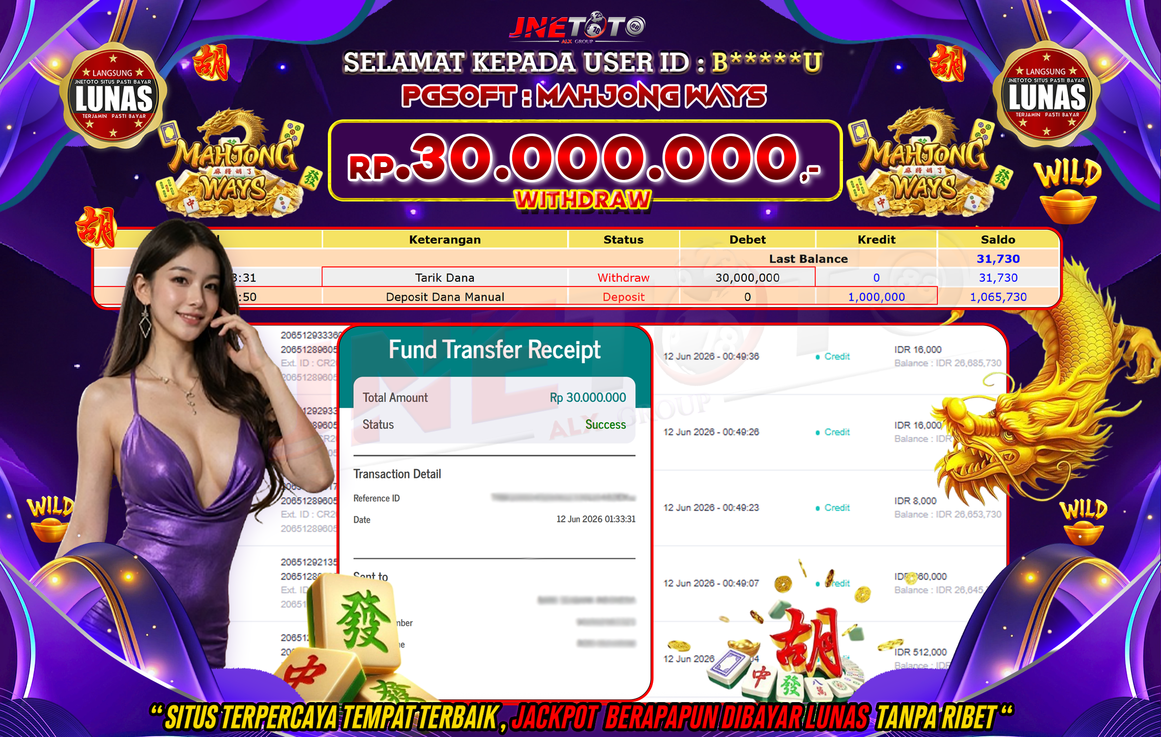 Bukti Jackpot JNETOTO di PGSOFT : Mahjong Ways Rp,30.000.000 LUNAS!