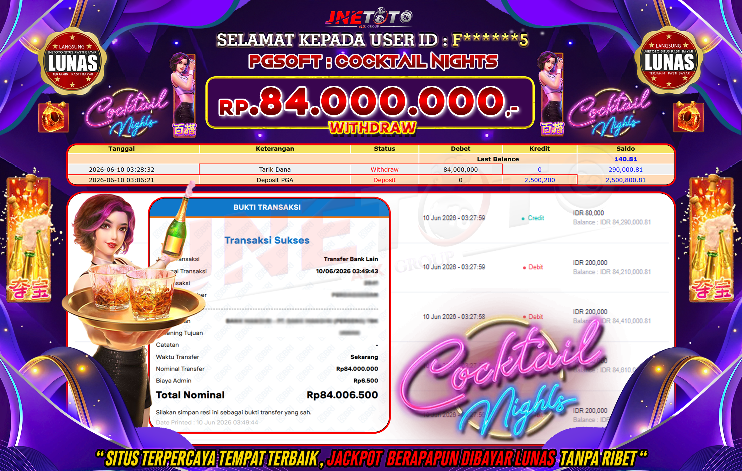 Bukti Jackpot JNETOTO di PGSOFT : CookTail Nights Rp,84.000.000 LUNAS!