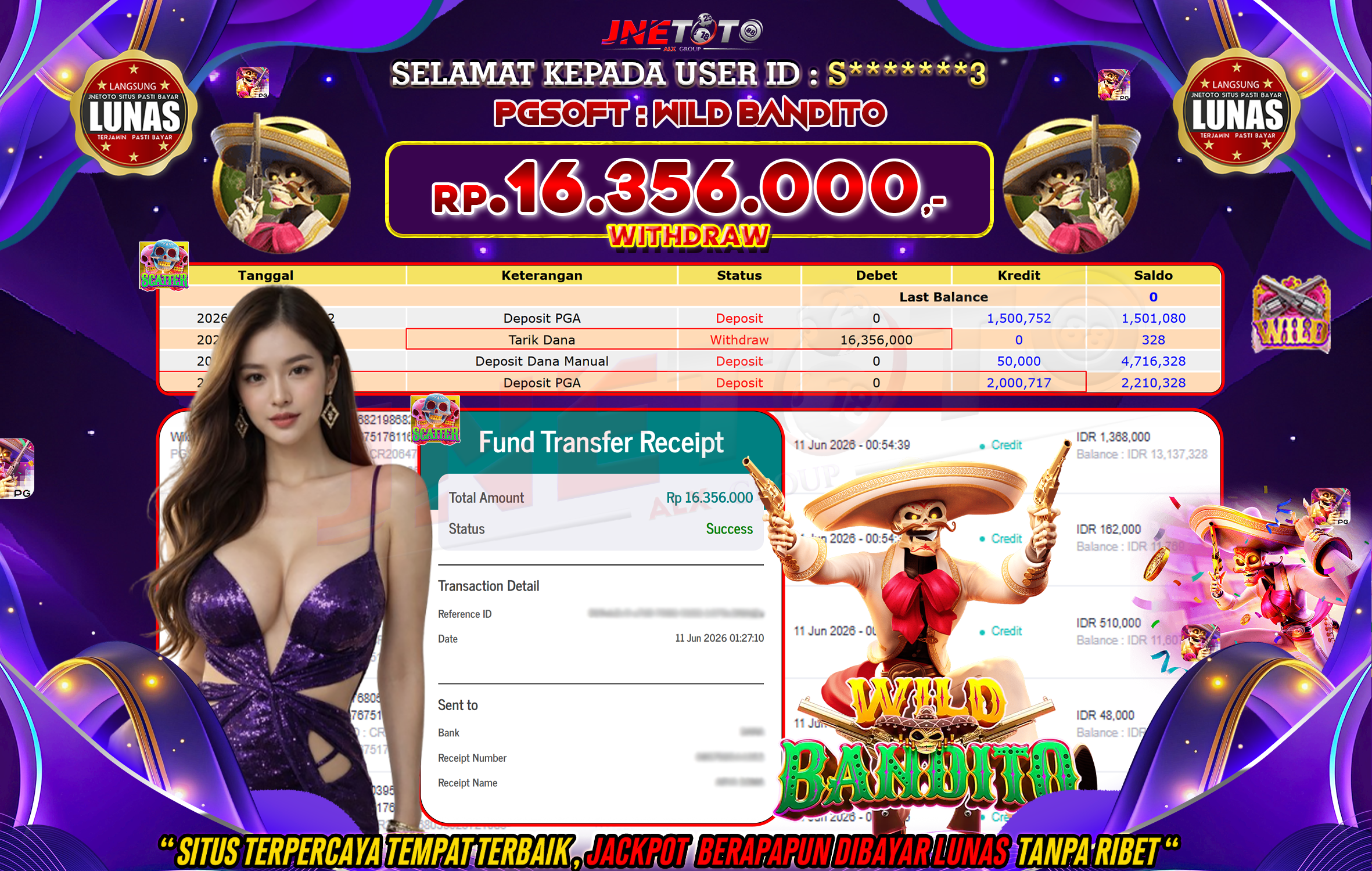 Bukti Jackpot JNETOTO di PGSOFT : Wild Bandito Rp,16.356.000 LUNAS!