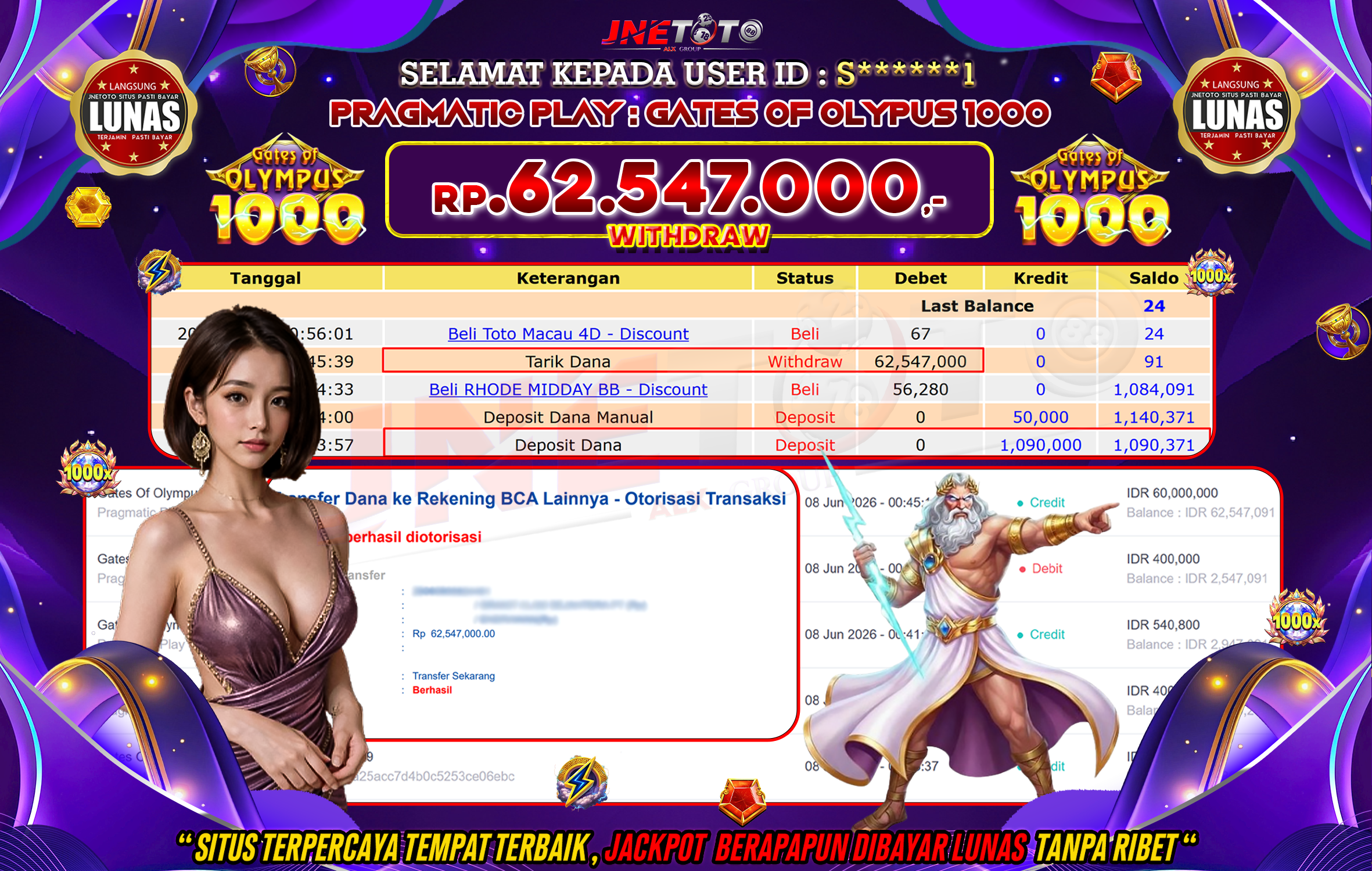 Bukti Jackpot JNETOTO di PRAGMATIC PLAY : Gates of Olympus 1000 Rp,62.547.000 LUNAS!