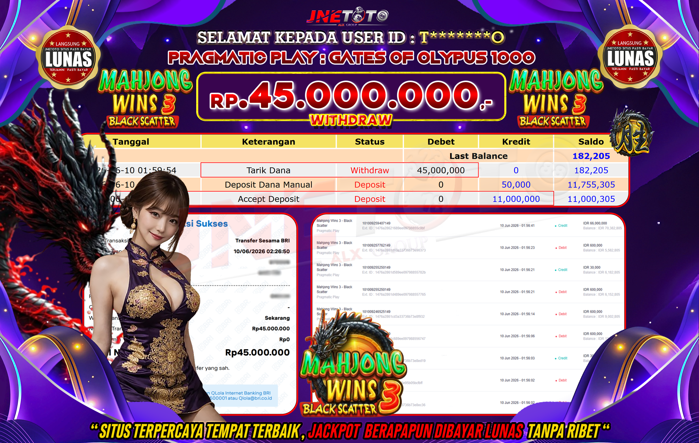 Bukti Jackpot JNETOTO di PRAGMATIC PLAY : Gates Of Olympus 1000 Rp,45.000.000 LUNAS!