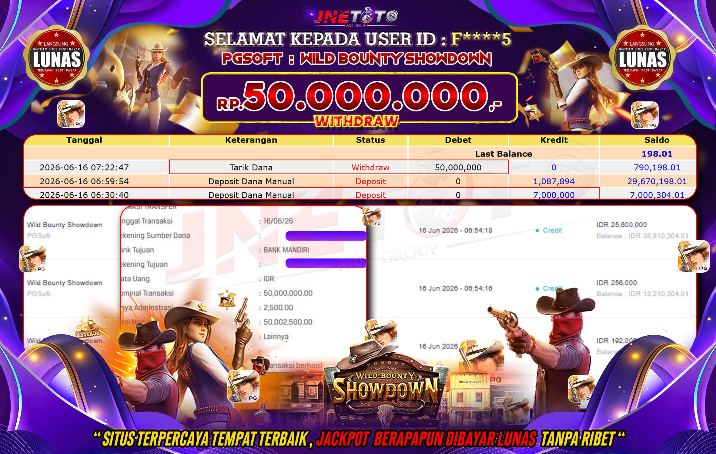 Bukti Jackpot JNETOTO di PGSOFT : Wild Bounty Showdown Rp,50.000.000 LUNAS!