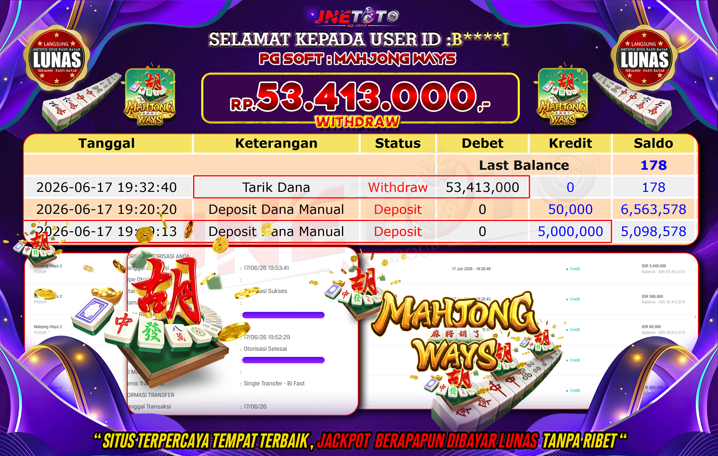 Bukti Jackpot JNETOTO di PGSOFT : Mahjong Ways Rp,53.413.000 LUNAS!