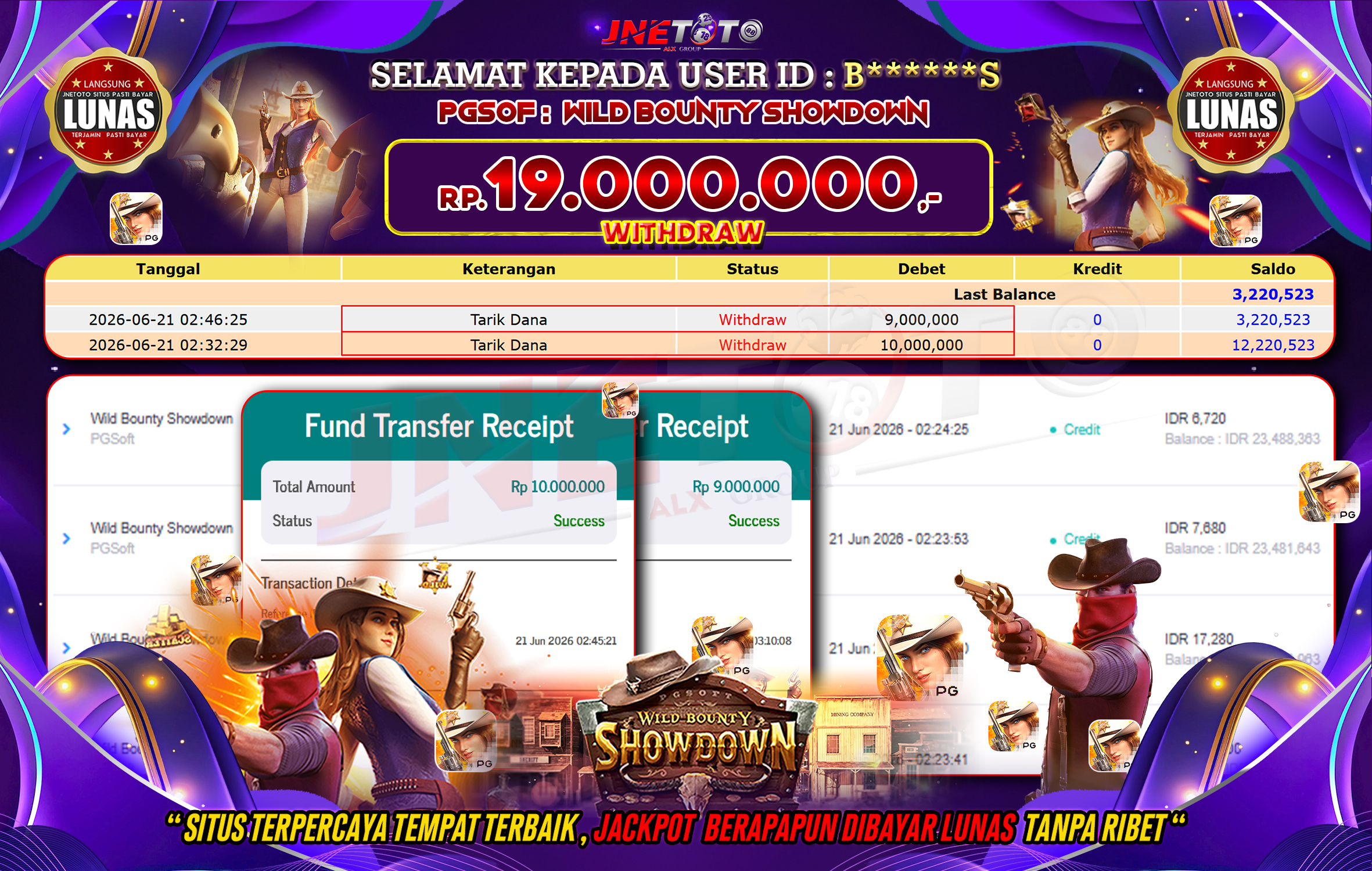 Bukti Jackpot JNETOTO di PGSOFT : Wild Bounty Showdown Rp,19.000.000 LUNAS!