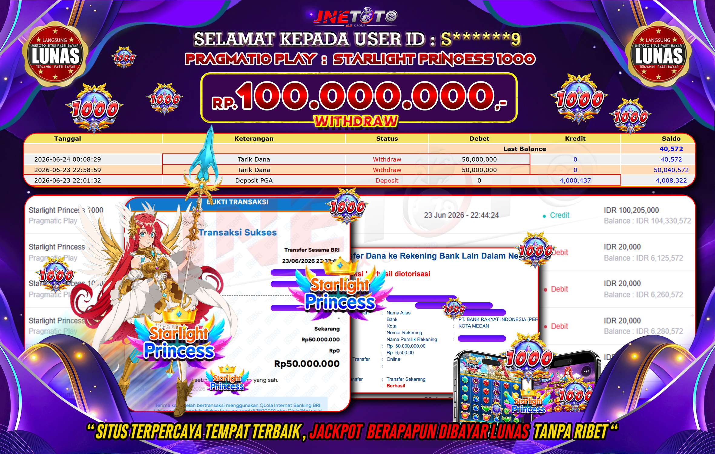 Bukti Jackpot JNETOTO di PRAGMATIC PLAY : Starlight Princess 1000 Rp,100.000.000 LUNAS!