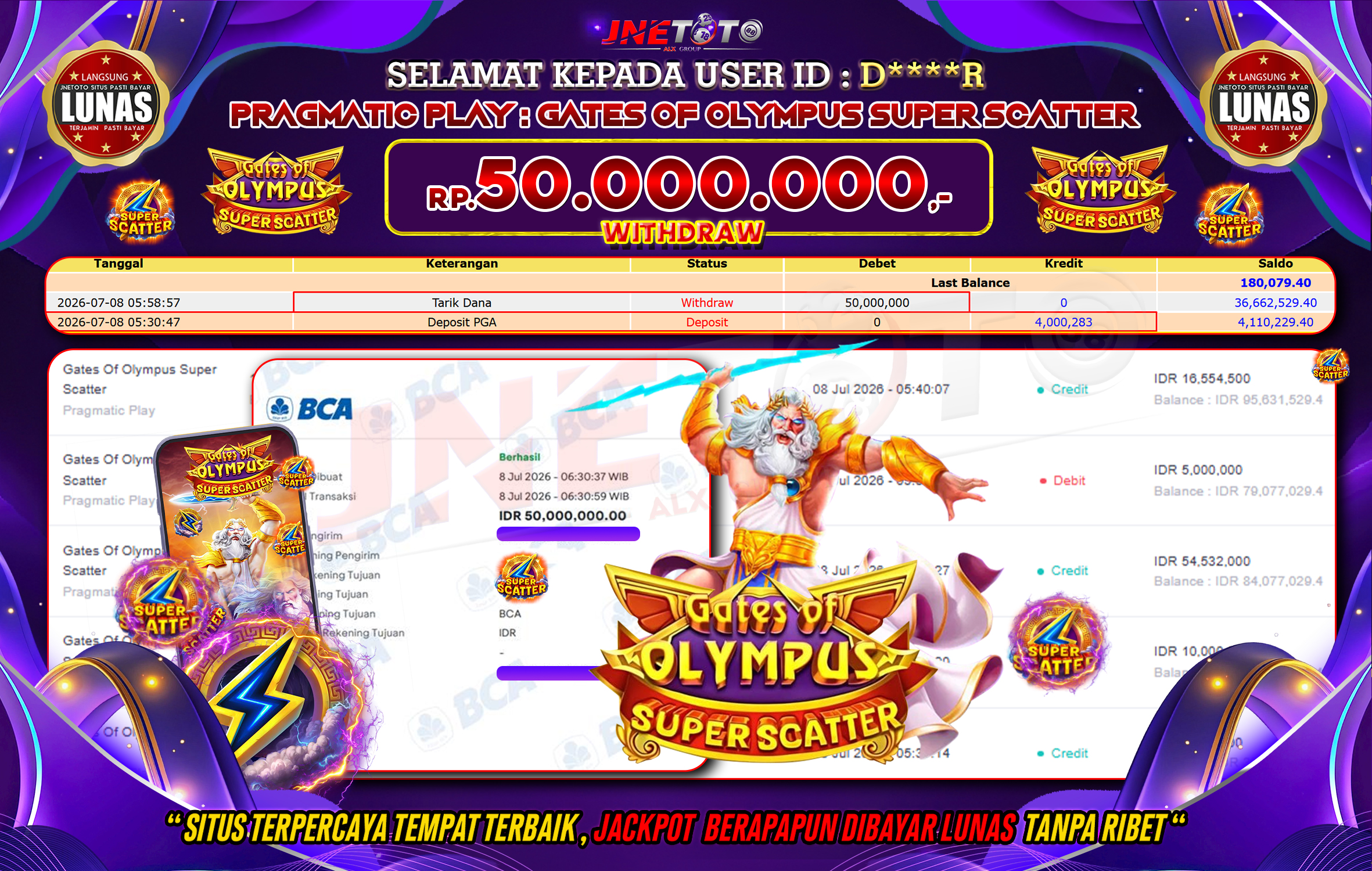 Bukti Jackpot JNETOTO di PRAGMATIC PLAY : Gates Of Olympus Super Scatter Rp,50.000.000 LUNAS!