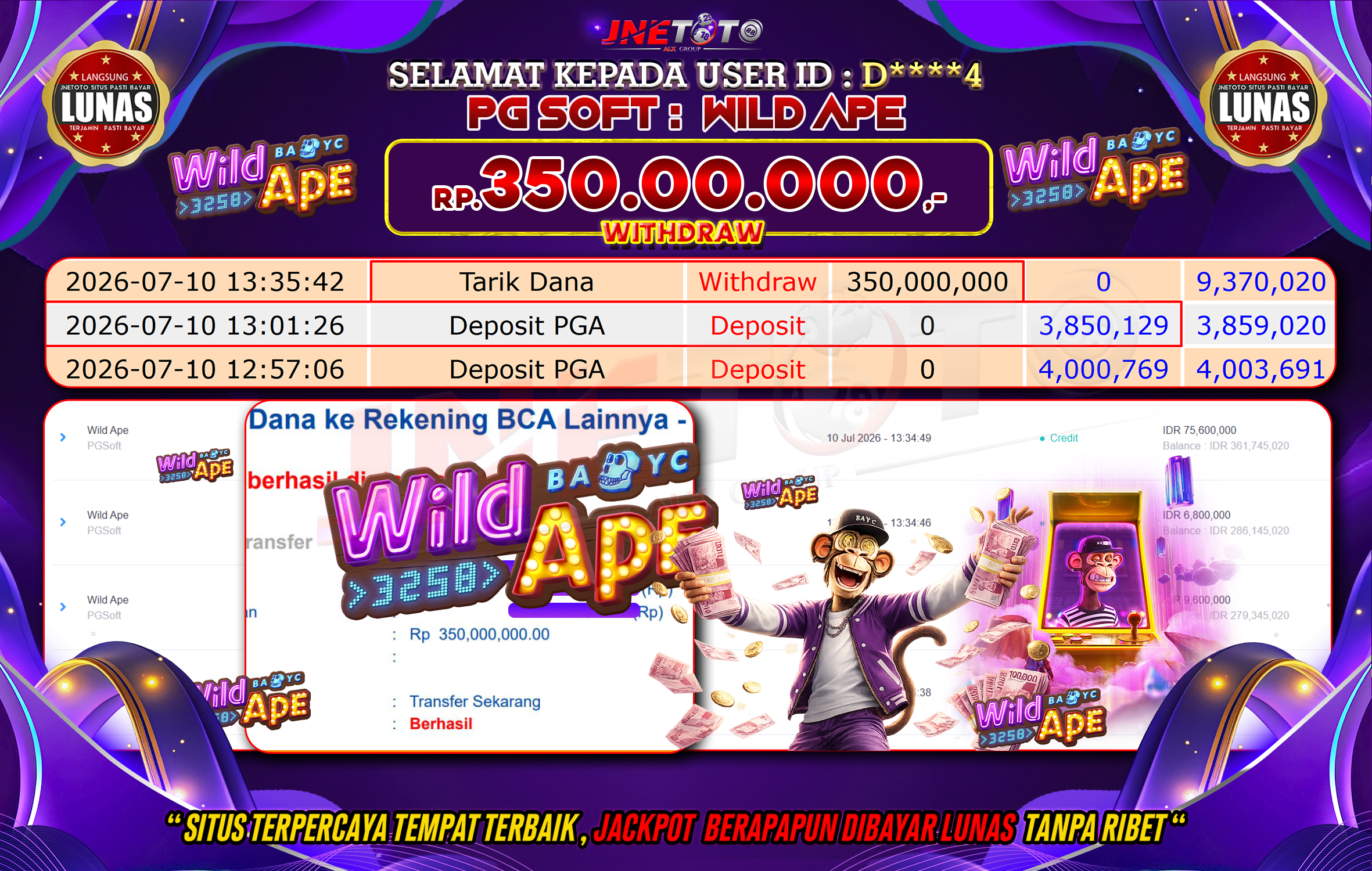 Bukti Jackpot JNETOTO di PGSOFT : Wild Ape Rp,350.000.000 LUNAS!