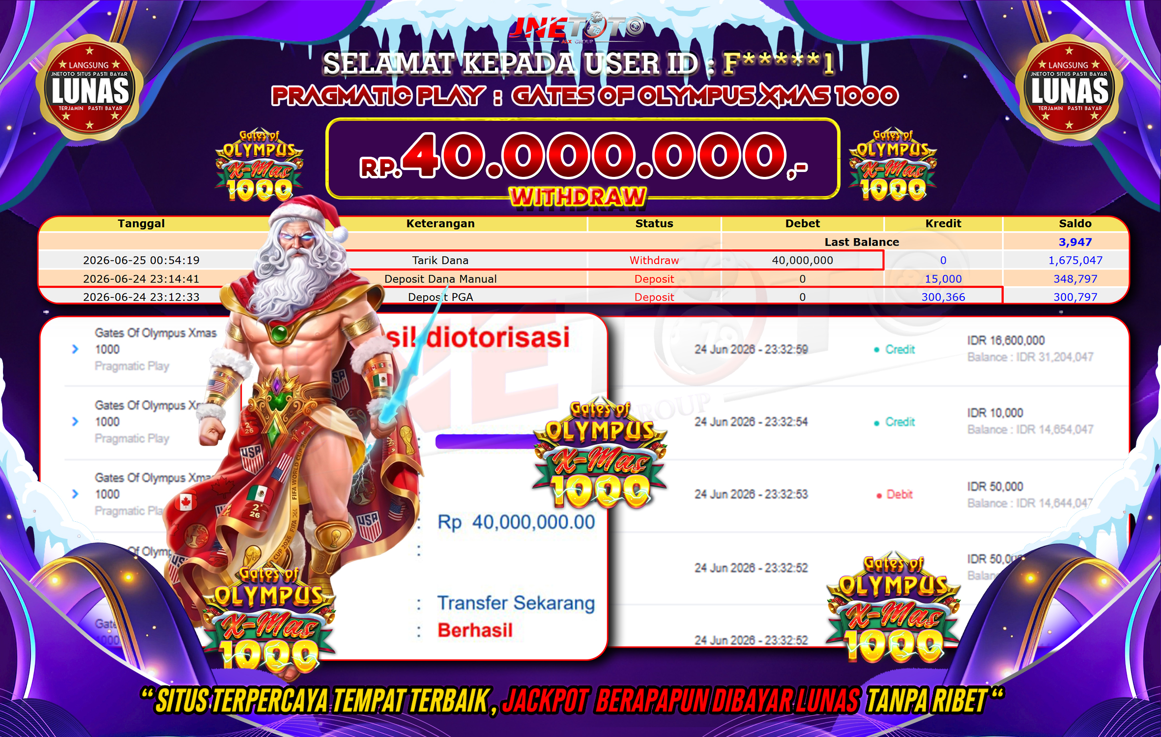 Bukti Jackpot JNETOTO di PRAGMATIC PLAY : Gates Of Olympus Xmas 1000 Rp,40.000.000 LUNAS!