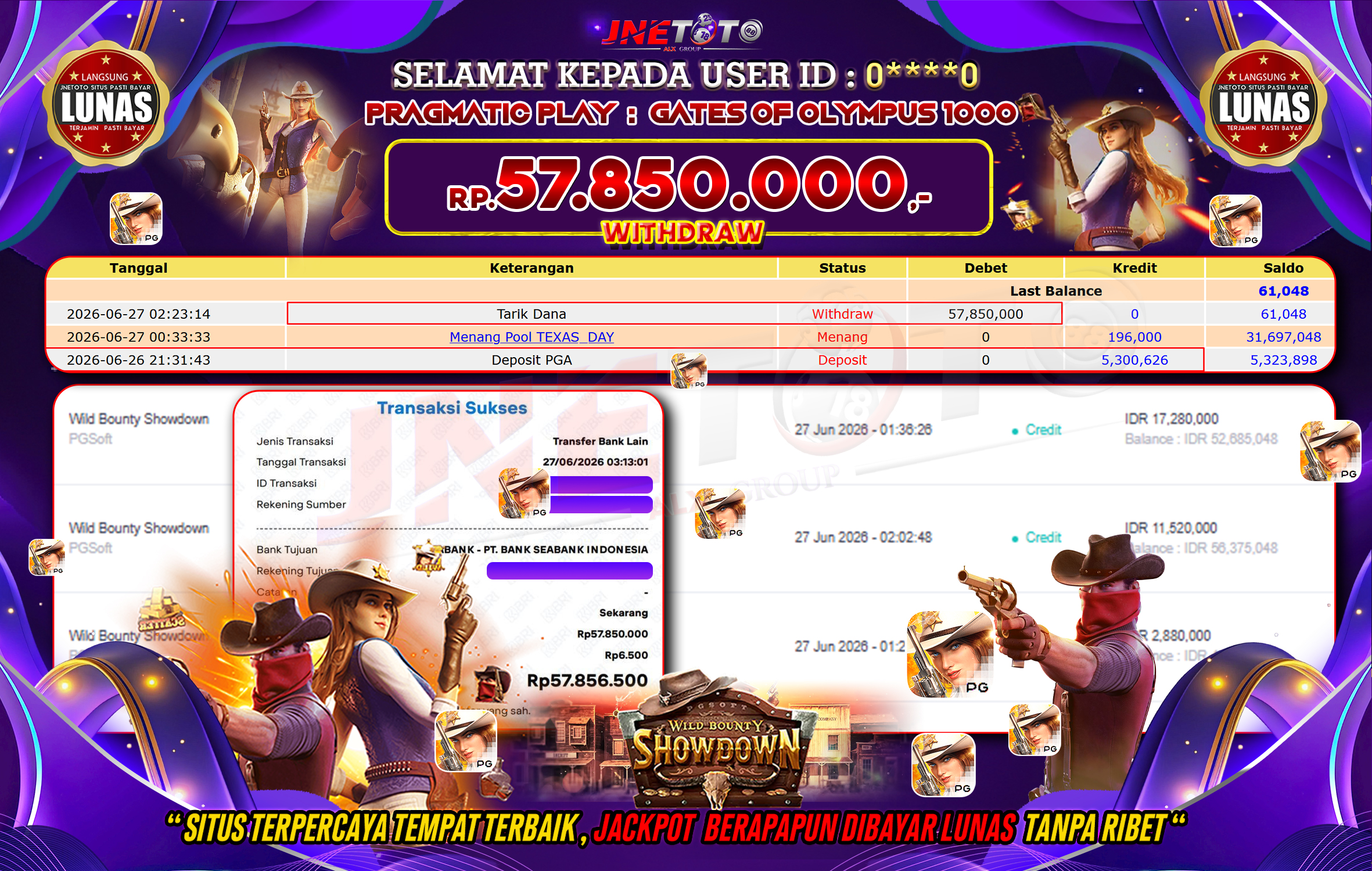 Bukti Jackpot JNETOTO di PRAGMATIC PLAY : Gates Of Olympus 1000 Rp,57.850.000 LUNAS!