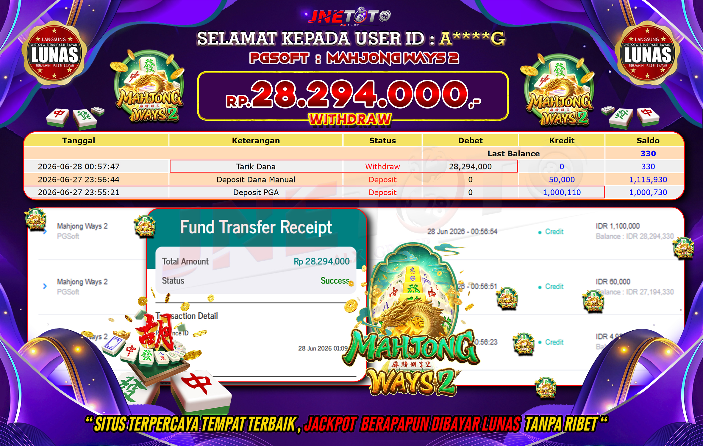 Bukti Jackpot JNETOTO di PGSOFT : Mahjong Ways 1000 Rp,28.294.000 LUNAS!