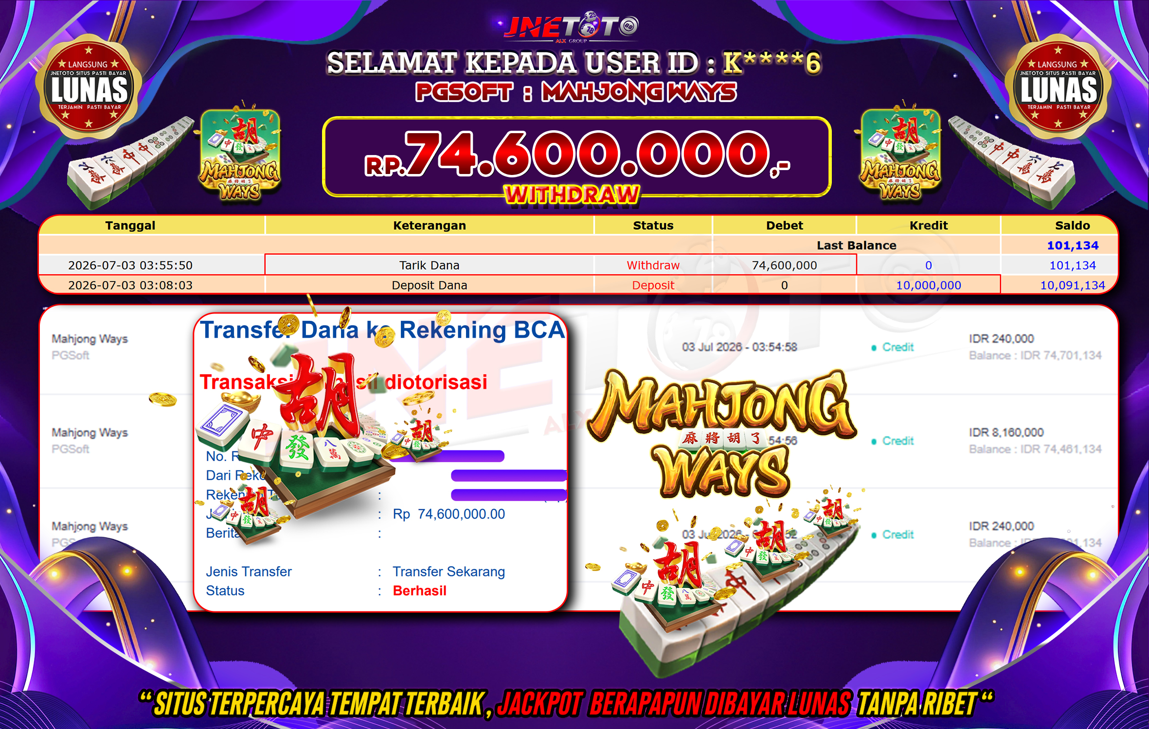 Bukti Jackpot JNETOTO di PGSOFT : Mahjong Ways Rp,74.600.000 LUNAS!