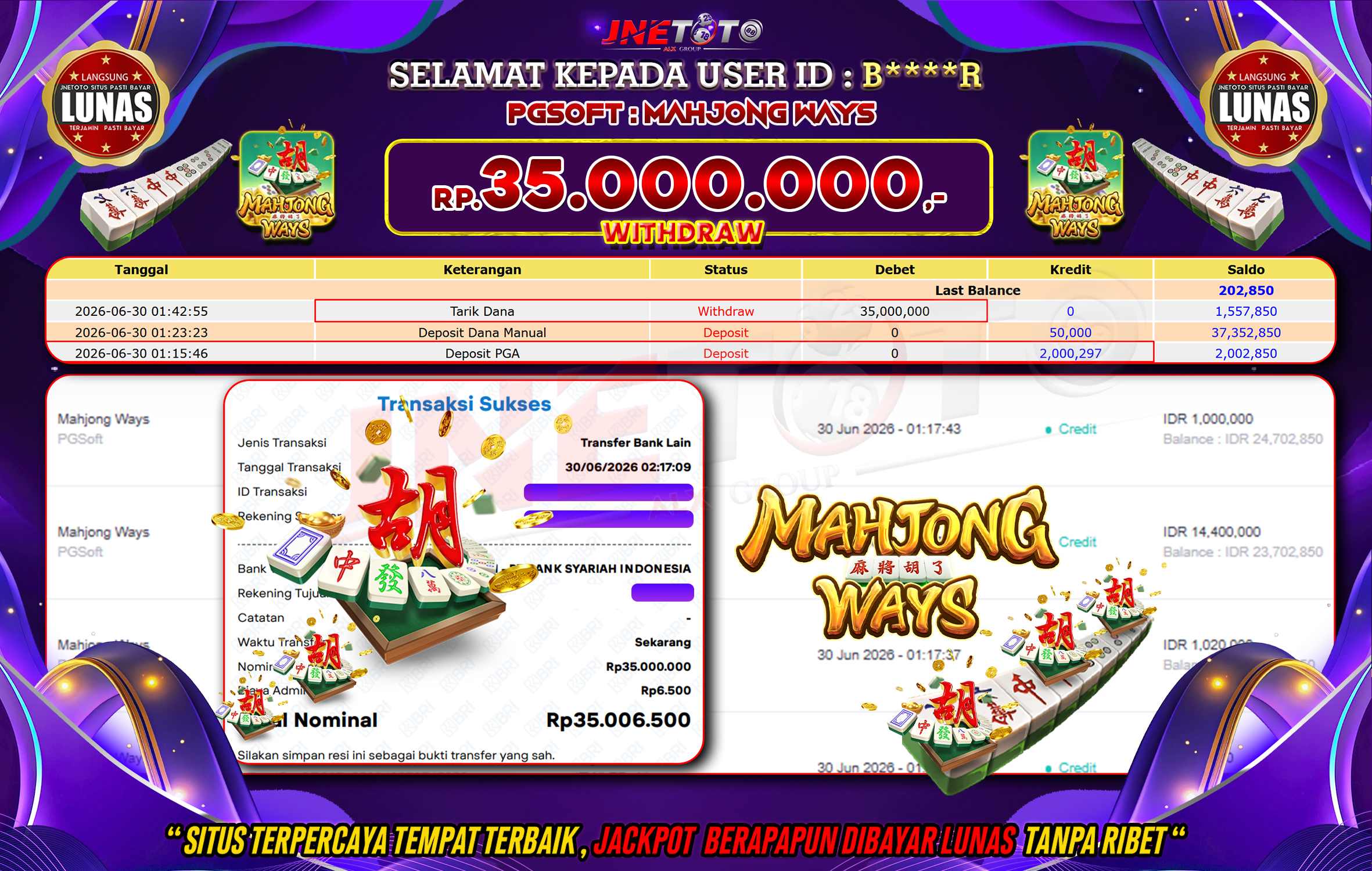 Bukti Jackpot JNETOTO di PGSOFT : Mahjong Ways Rp,35.000.000 LUNAS!
