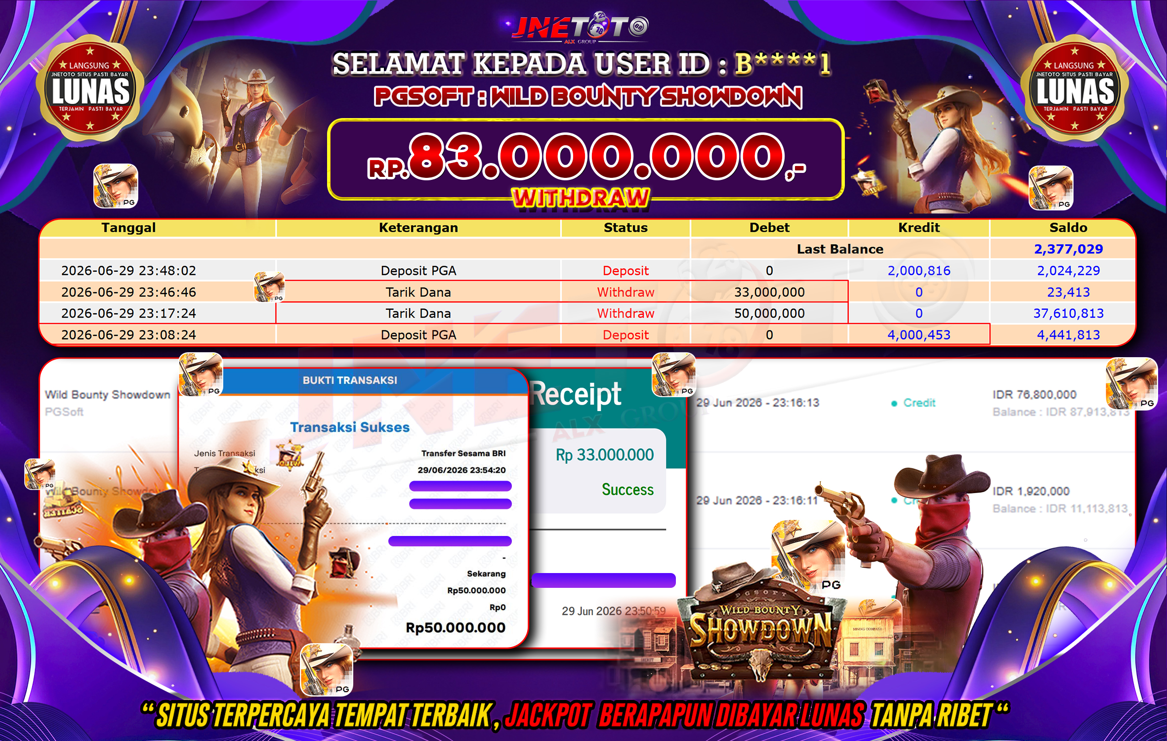 Bukti Jackpot JNETOTO di PGSOFT : Wild Bounty Showdown Rp,83.000.000 LUNAS!