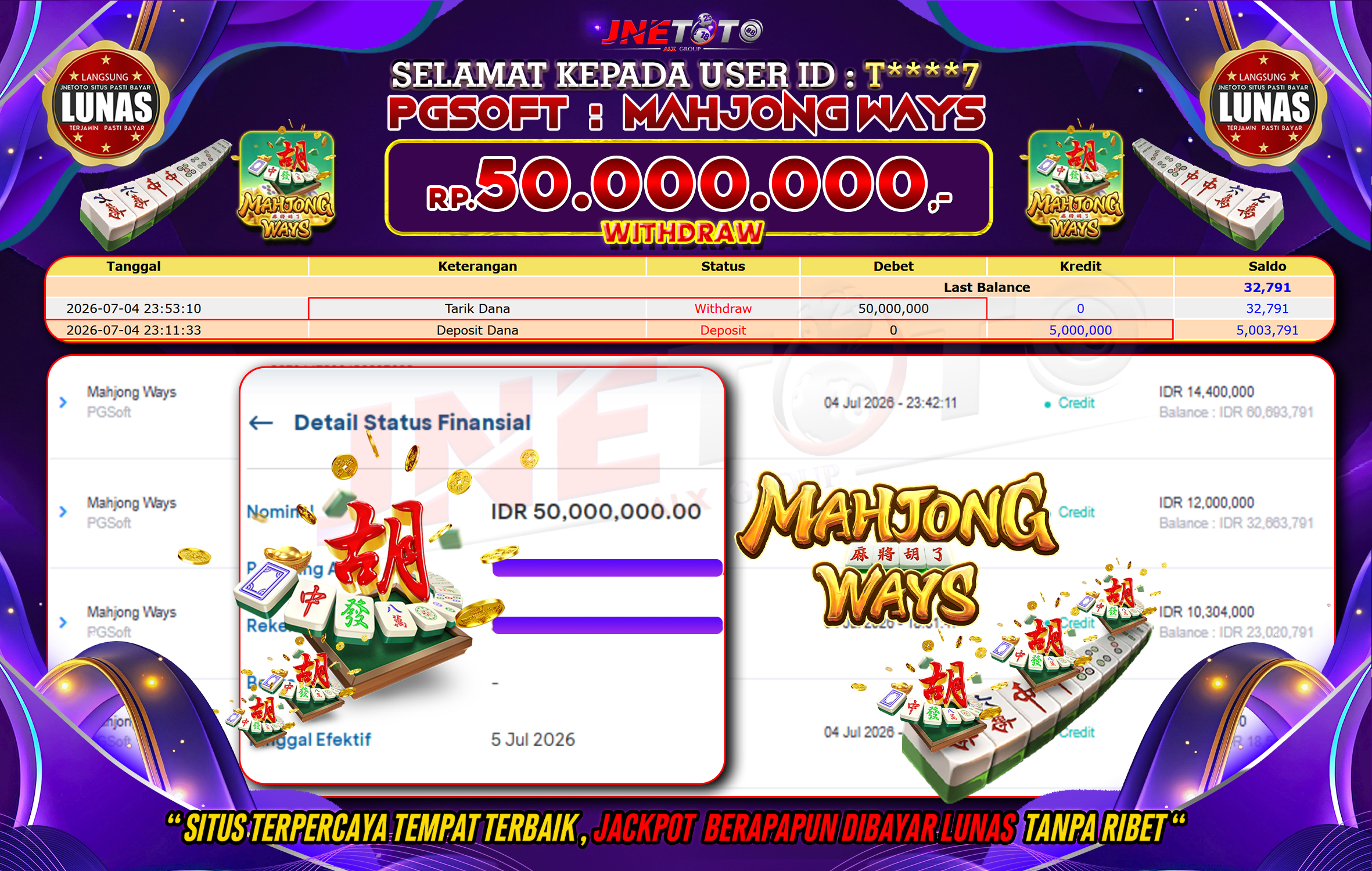 Bukti Jackpot JNETOTO di PGSOFT : Mahjong Ways Rp,50.000.000 LUNAS!